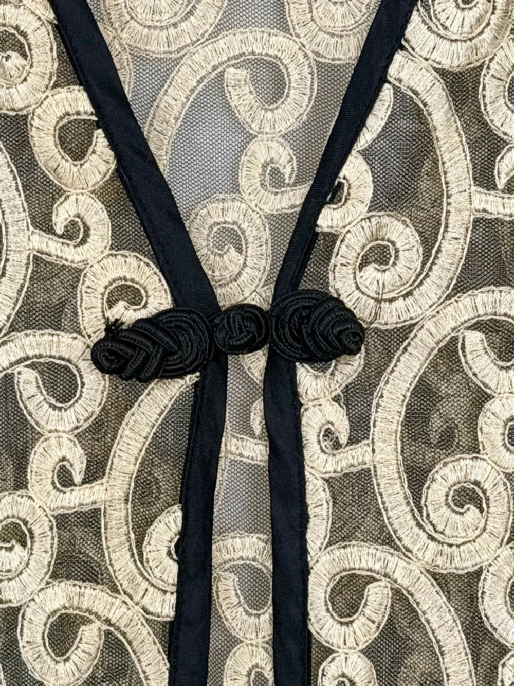 Vintage Black Sheer Maxi Vest/Duster w/ Cream Embroidered Swirl Lace Overlay XL - Picture 4 of 7